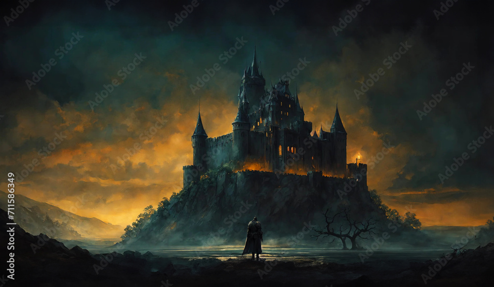 The knight standing in front of the abandoned castle in the dark night. 