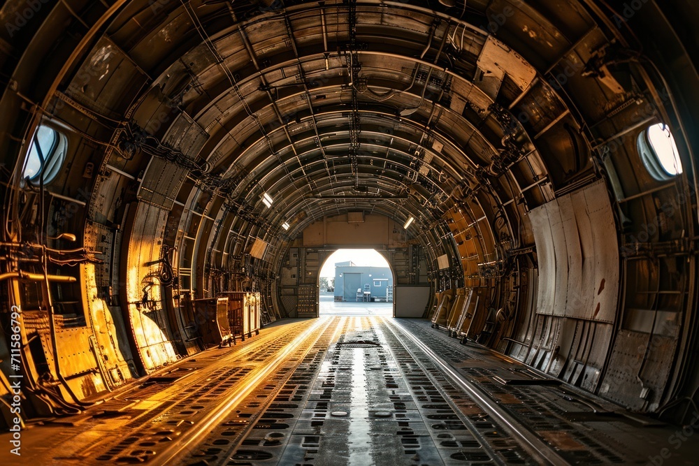 A young aircraft maintenance engineer works in an empty large jet's interior