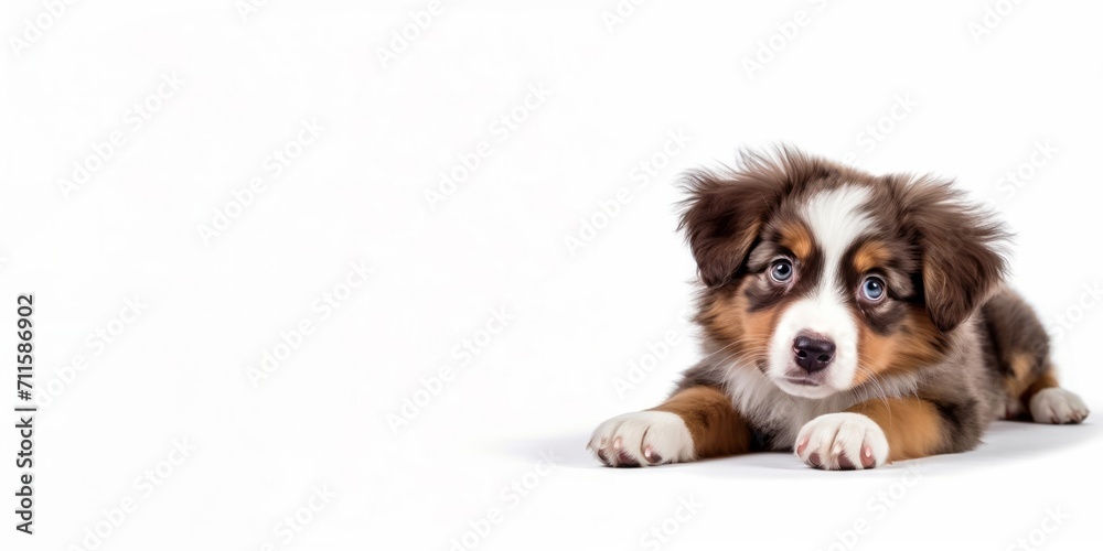 Funny studio portrait of a puppy dog Australian Shepherd lying on the white background