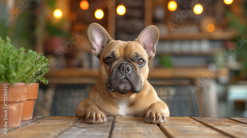 A dog is sitting and waiting for food on an empty wooden table. In restaurants or cafes that allow pets Come and sit at the table with the pet-friendly owner.