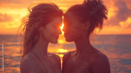 Romantic lesbian couple by the sea. Evening sunset.