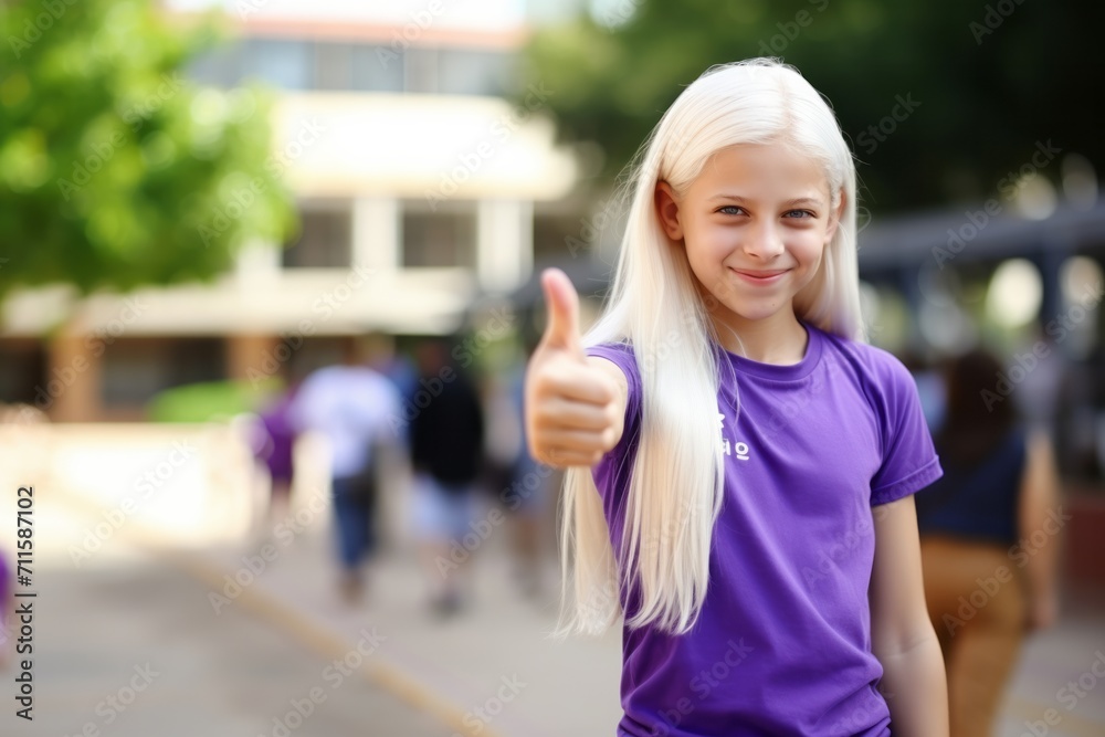 Lovely albino girl smiling and looking at camera while standing on blurred background at the school Lovely albino girl smiling and looking at camera while standing on blurred background at the school
