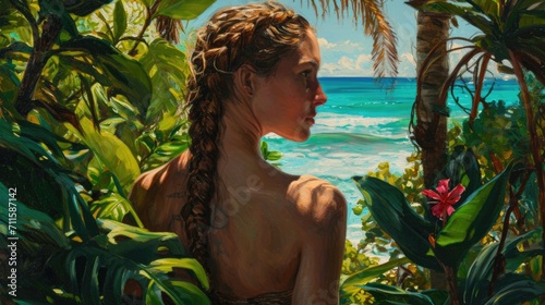 Illustration of a woman with braided hair  surrounded by lush tropical vegetation  facing the ocean. generative ai