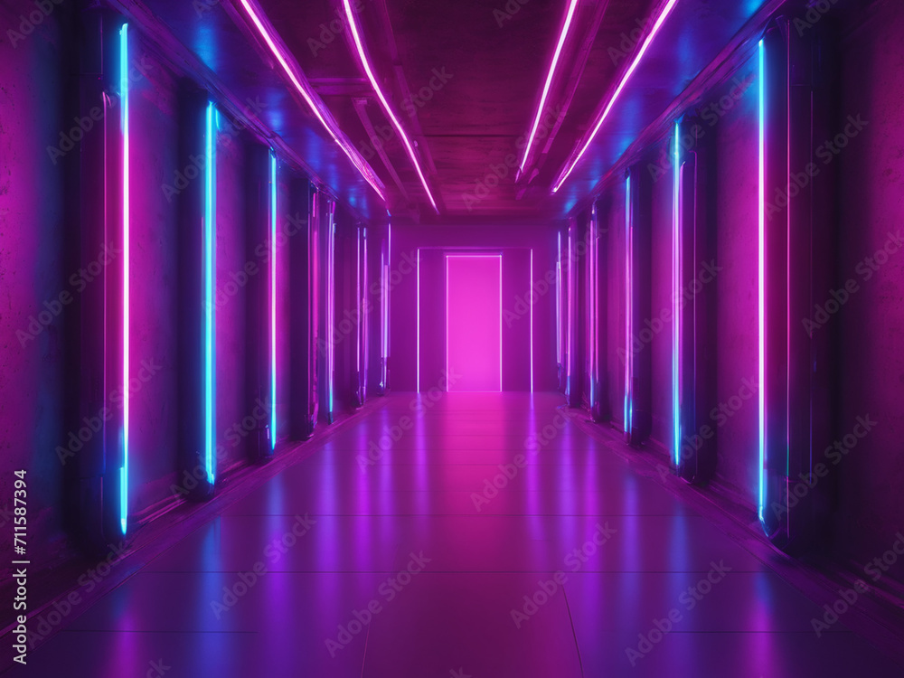 Alien Bouncing Neon Tubes Laser Sci Fi Futuristic Cyber Concrete Hallway Tunnel Corridor Purple Blue Beams Glowing Showroom Showcase Product Empty Space 3D Rendering - generated by ai Alien Bouncing Neon Tubes Laser Sci Fi Futuristic Cyber Concrete Hallway Tunnel Corridor Purple Blue Beams Glowing Showroom Showcase Product Empty Space 3D Rendering - generated by ai