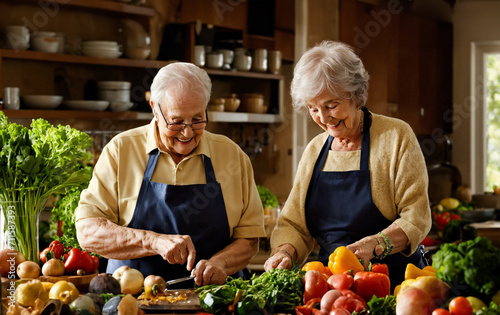 Old people cooking together in the kitchen