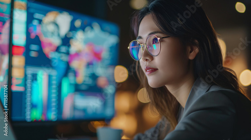 asian stock analysis girl with glasses sitting front of his laptop presenting data about investment portfolio with world map on the projector monitor in meetingroom