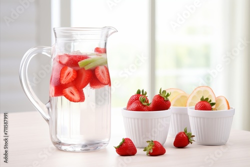 Refreshing beverage in glass jug with ripe, juicy strawberries and space for custom text