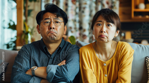 Annoyed Asian wife and funny tricky husband. photo
