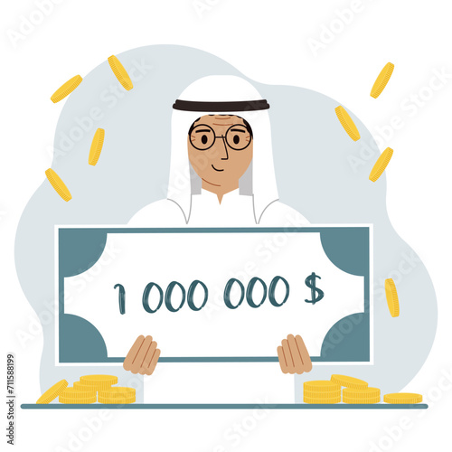 Jackpot, the concept of winning cash money. Happy smiling arab man holding a certificate for one million dollars in his hands. Feeling excited, celebrating a win.