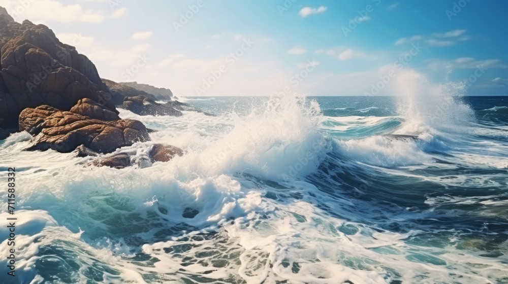 A realistic photo of a stormy sea off the coast with big waves crashing on rocks in sunny weather. Generative AI