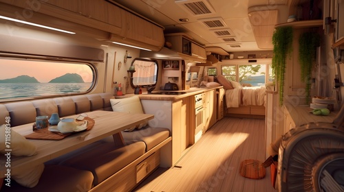 Interior of a trailer of mobile home, or recreational vehicle standing on the shore. Camping in the nature, and family travel concept.