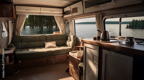 Interior of a trailer of mobile home, or recreational vehicle standing on the shore. Camping in the nature, and family travel concept. © Ziyan Yang