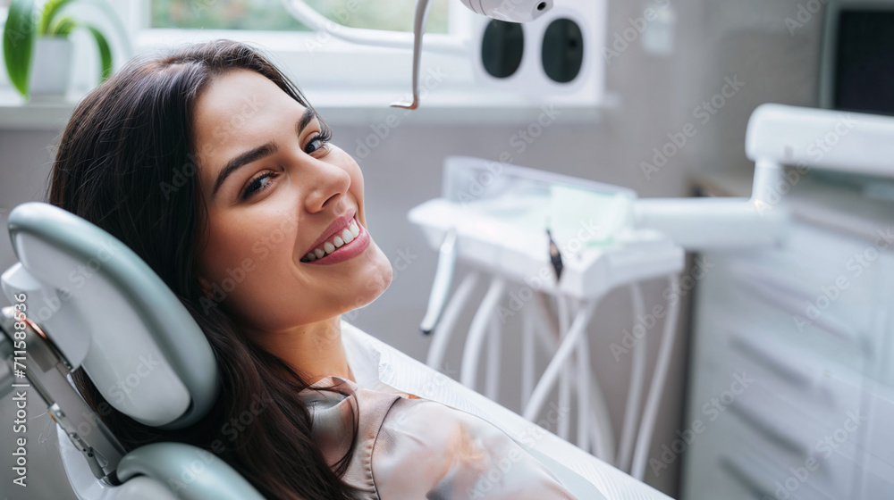 Cheerful woman reclines in a dentist's chair, displaying bright smile in modern and clean dental clinic, conveying positive healthcare experience.