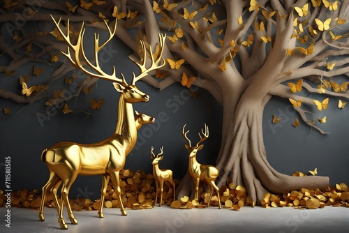 golden deer statue  in autumn forest © Lara Studio
