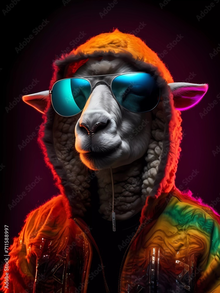 DJ sheep wears sunglasses and a hoodie, with colorful neon lights. generative ai