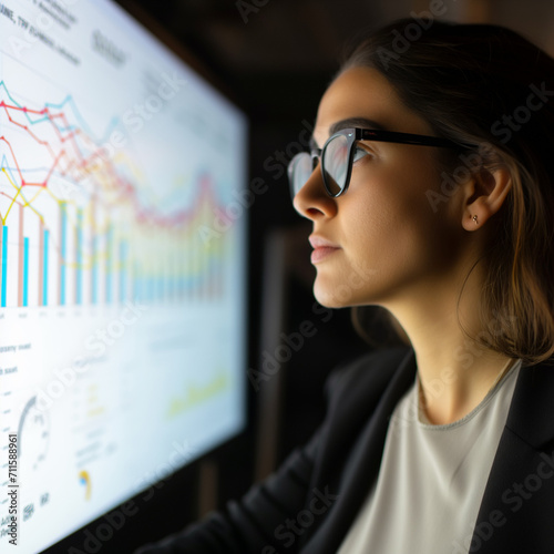 A woman working while looking at a monitor