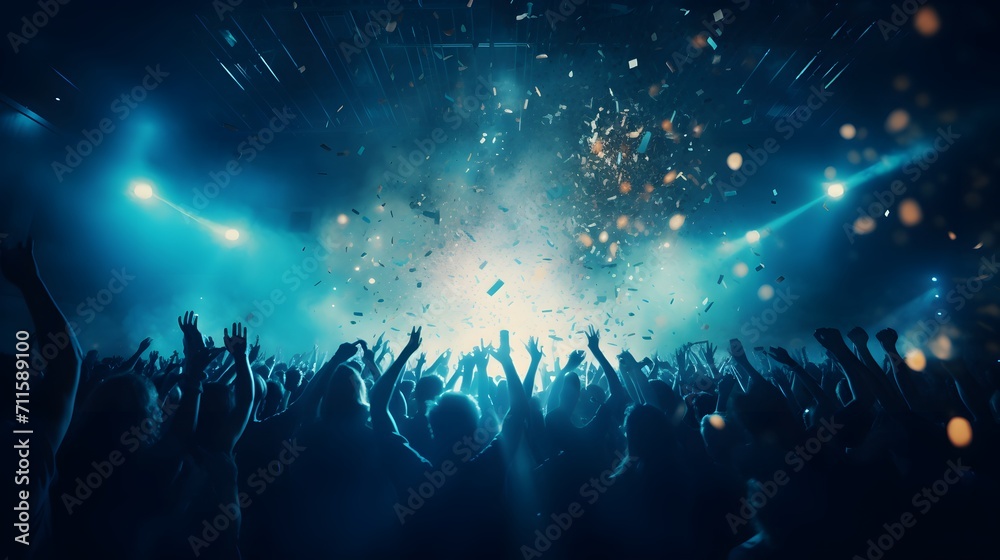 live, rock concert, party, festival night club crowd cheering, stage lights and confetti falling. Cheering crowd. Blue lights.
