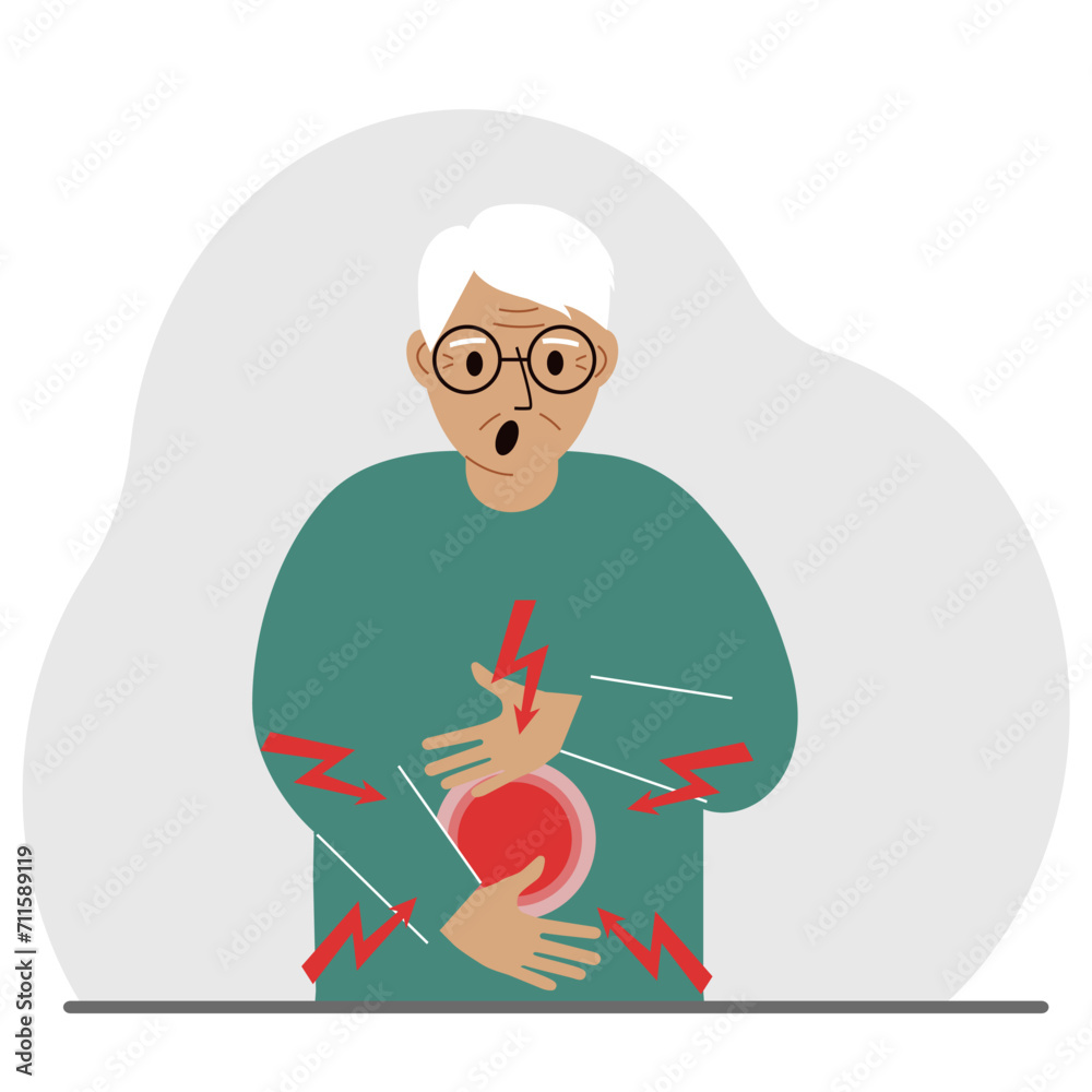 Fototapeta premium A problem with the intestines, stomach or a bolt in the abdomen. A man holds his hands on his stomach near the place of pain.