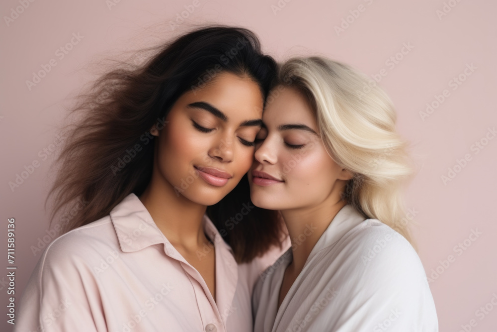 A tender and serene moment captured between two young women, one with dark hair and the other with blonde, against a soft pink background.