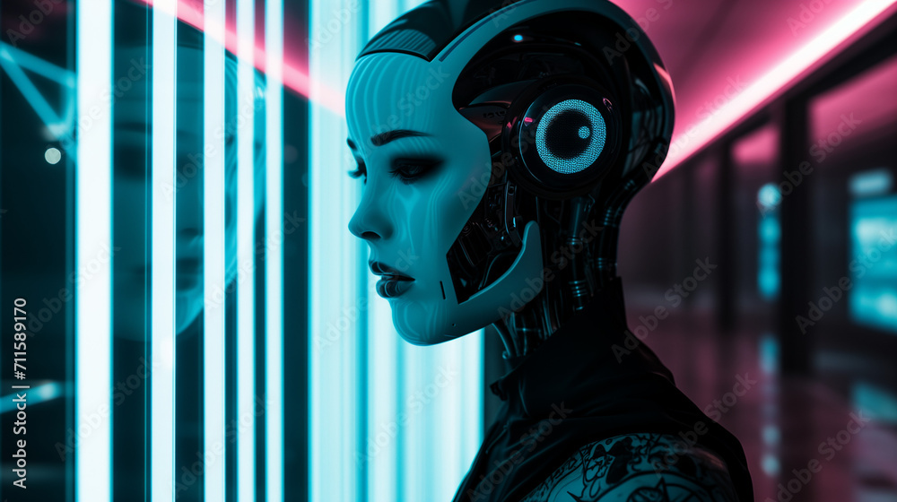 Minimal robotic head, white face,, Glass walls in the background, black background, neon lights Generative AI Minimal robotic head, white face,, Glass walls in the background, black background, neon lights Generative AI