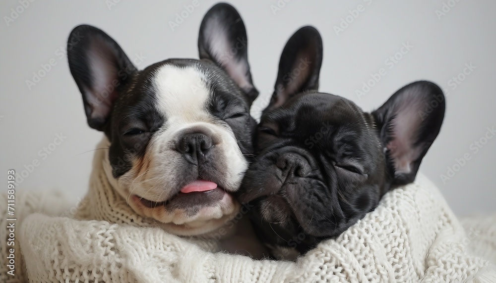 Highlight the cuteness of two French Bulldogs in a heartwarming moment, capturing their endearing personalities against a clean white setting.