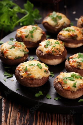 A plate of stuffed mushrooms on a wooden table