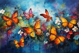 A colorful painting with butterflies, flowers, and watercolor splashes. Generative AI