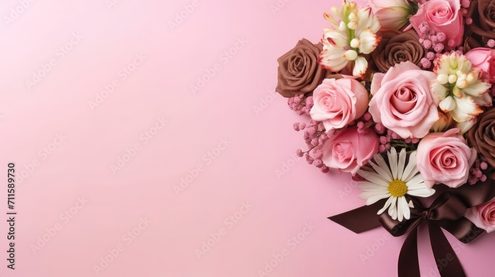 Flowers and chocolates on pink background, free space for text, Valentine's Day