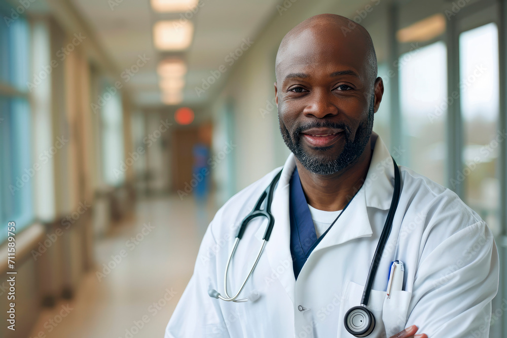 A Smiling Black Doctor Poses with a Stethoscope in a Hospital Corridor, Capturing Confidence, Wellness, and Professionalism in the Healthcare Environment A Smiling Black Doctor Poses with a Stethoscope in a Hospital Corridor, Capturing Confidence, Wellness, and Professionalism in the Healthcare Environment