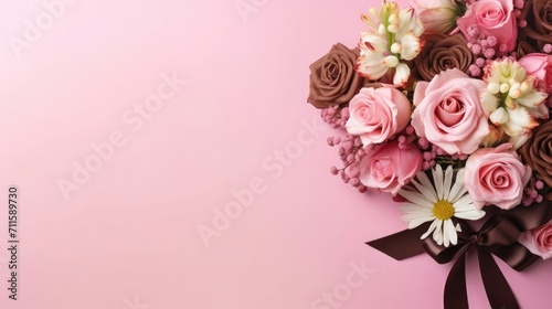 Flowers and chocolates on pink background  free space for text  Valentine s Day