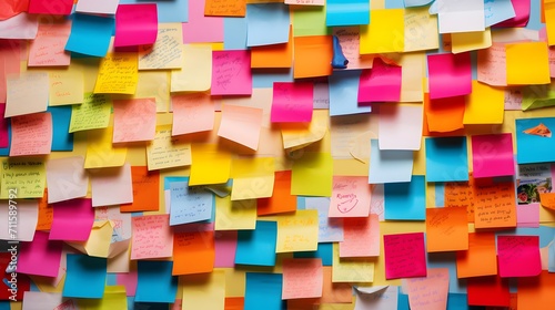 Many colorful, sticky notes, or adhesive notes on a wall or bulletin board.