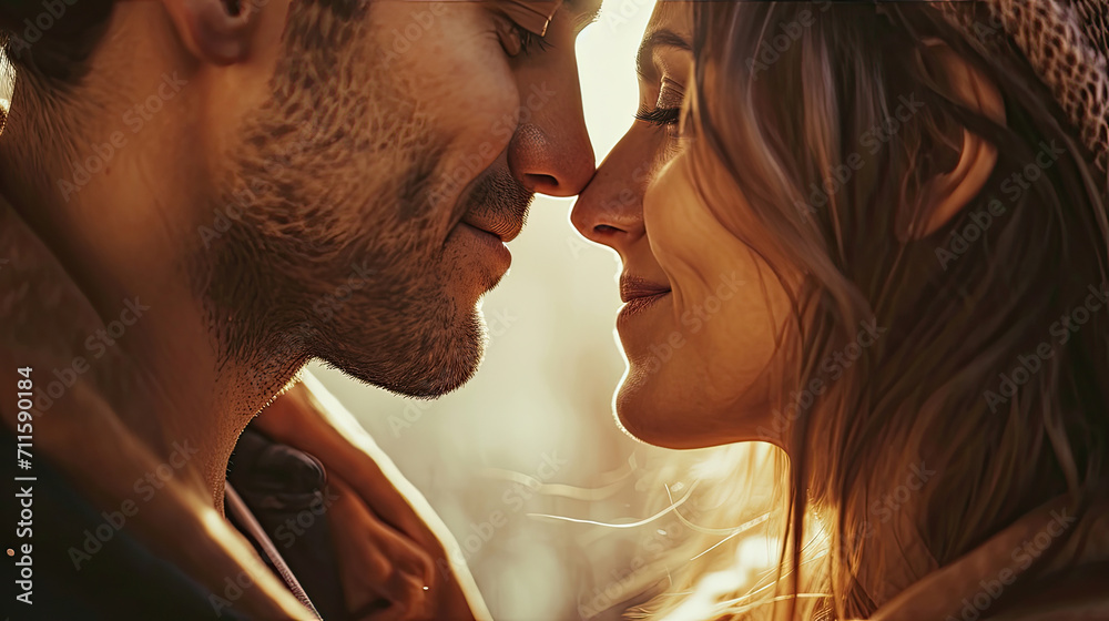 Close up of beautiful young couple standing face to face, having intimate romantic moment, affectionate lovers getting closer touching noses ready for first kiss, man and woman falling in love Close up of beautiful young couple standing face to face, having intimate romantic moment, affectionate lovers getting closer touching noses ready for first kiss, man and woman falling in love