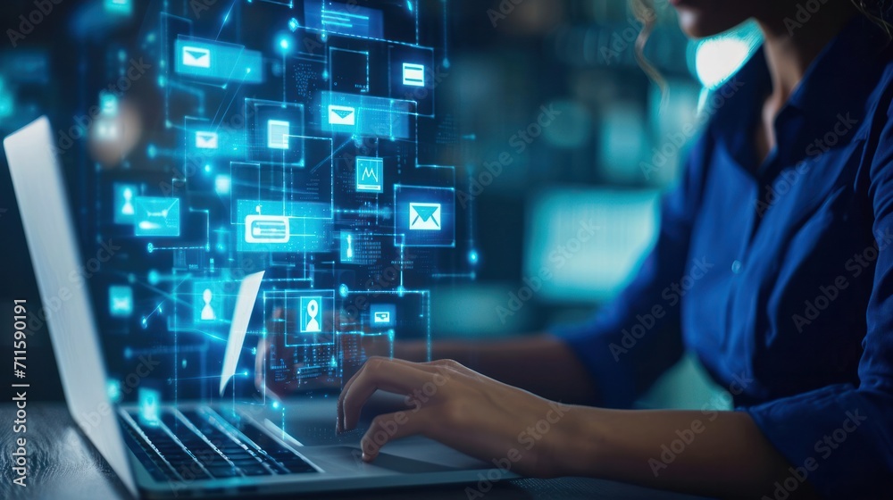 Businesswomen use laptops and show folder icons on virtual screen, Online Document Management System (DMS) and safety in the system concept, Data transfer, documents, Security system data store Businesswomen use laptops and show folder icons on virtual screen, Online Document Management System (DMS) and safety in the system concept, Data transfer, documents, Security system data store