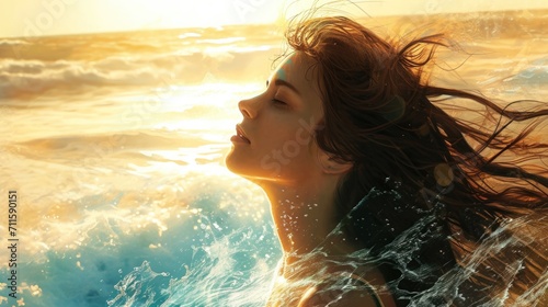 illustration of a woman with her hair down, bathed in sunlight, in front of the ocean waves generative ai