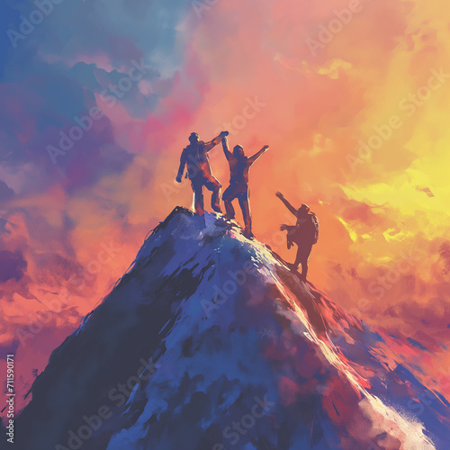 illustration of a Men's Celebrating on a mountain top