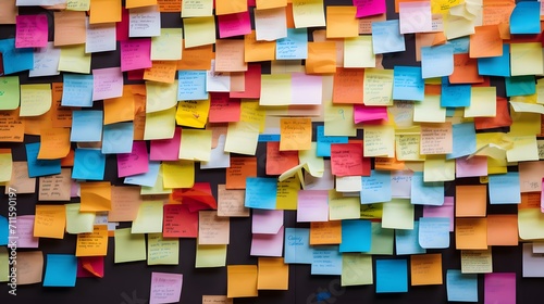 Many colorful, sticky notes, or adhesive notes on a wall or bulletin board.