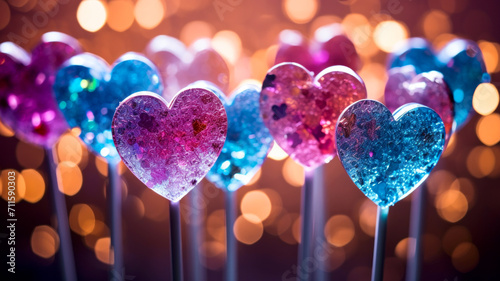 Bunch of lollypops in shape of heart, festive lights bokeh background photo