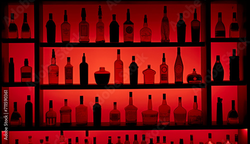 Back lit bottles in a cocktail bar, vibrant neon red light, my own photo used for reference