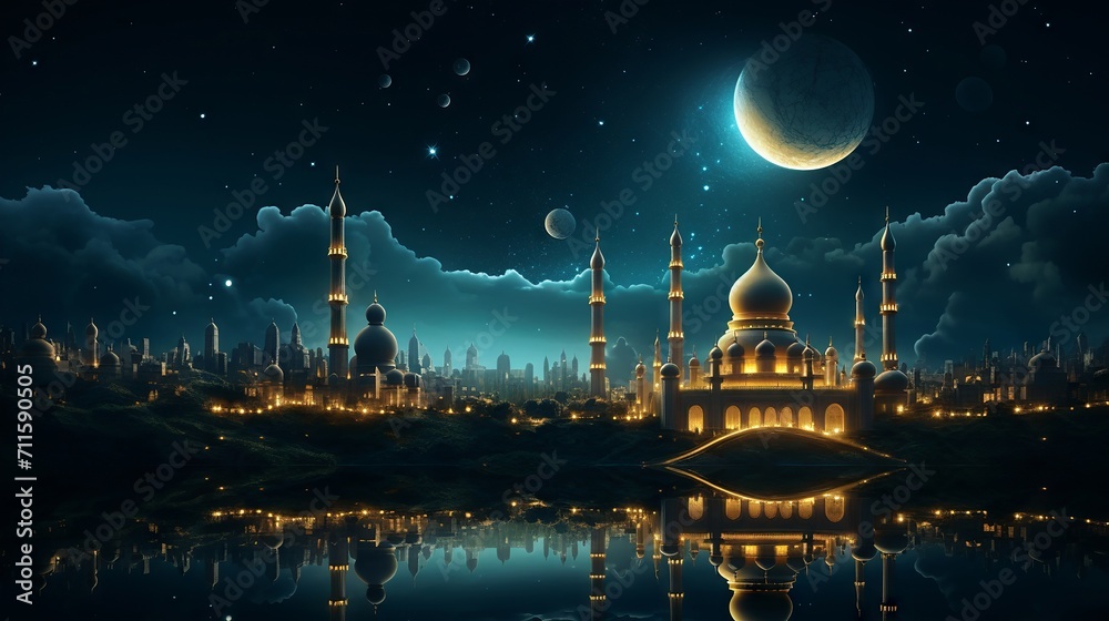 Magical ramadan night scene with golden minarets against a starry sky inside a crescent moon