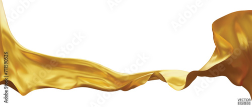 Flying gold silk textile fabric flag background. Smooth elegant golden Satin Isolated on white Background for grand opening ceremony. Gold curtain. 3d vector illustration