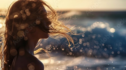 illustration of a woman with her hair down, bathed in sunlight, in front of the ocean waves generative ai photo
