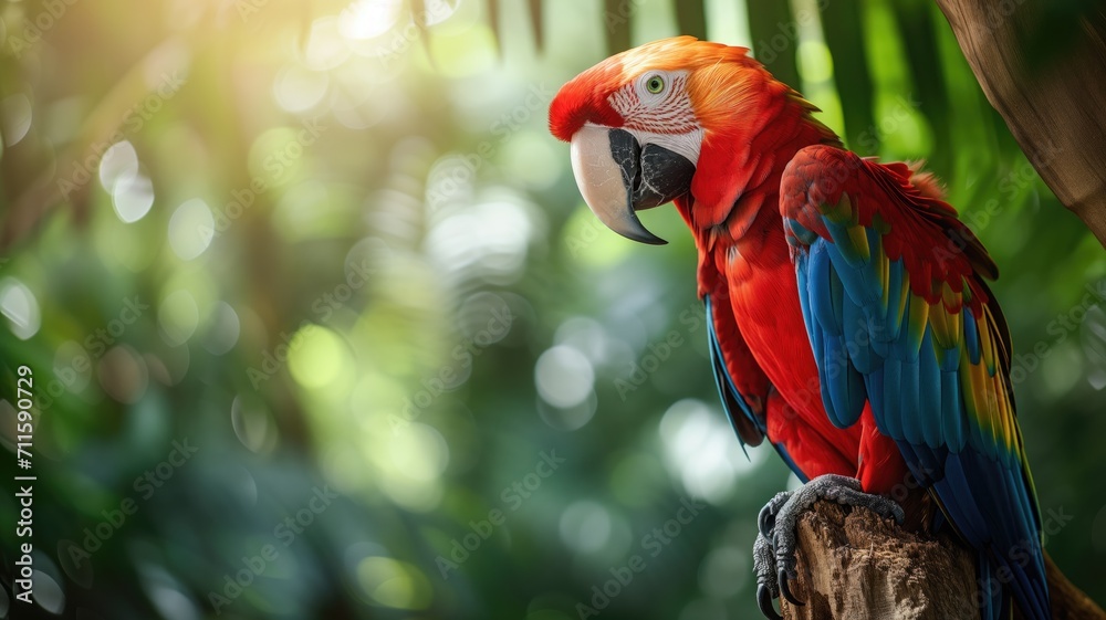 Scarlet macaw with striking colors, tropical background