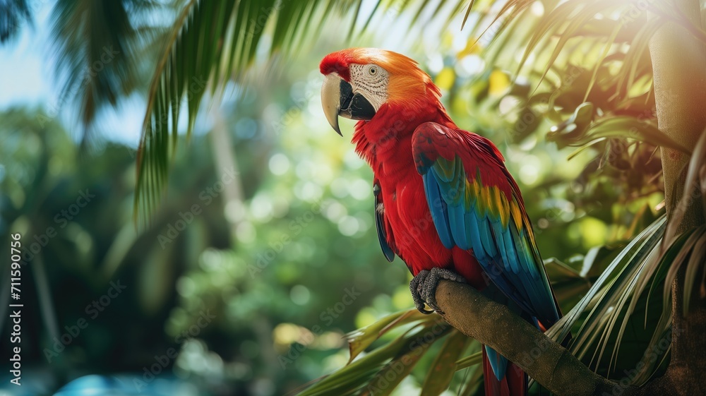 Scarlet macaw perched in a sunlit tropical environment