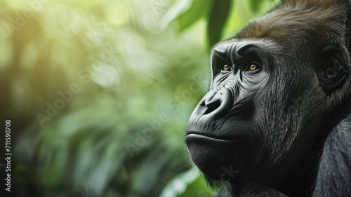Gorilla with a pensive look in lush greenery