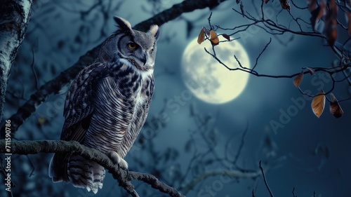 Owl perched on branch with full moon in the background photo