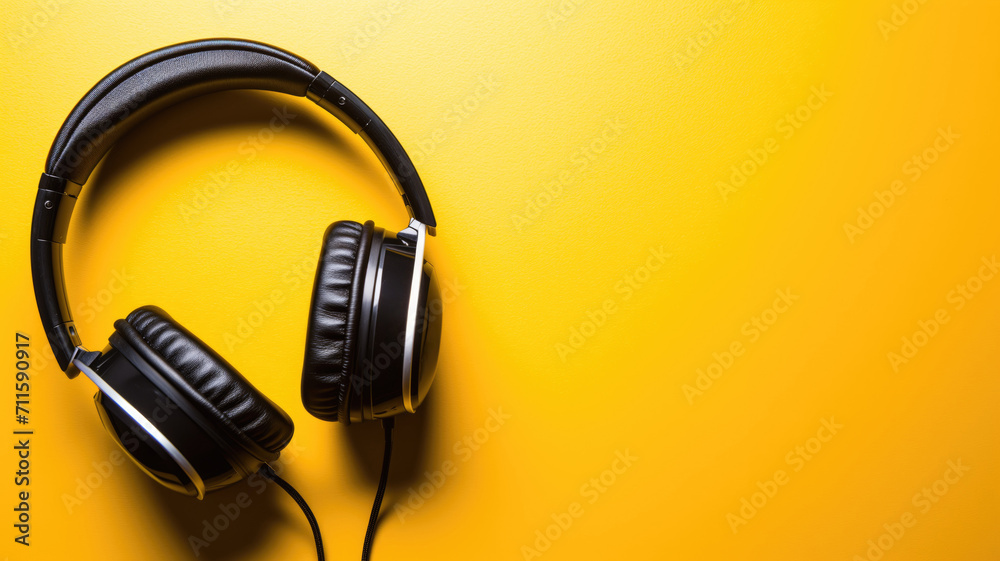 Premium black headphones on a yellow background Premium black headphones on a yellow background