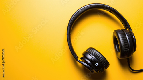 Sleek black headphones on a monochromatic yellow background