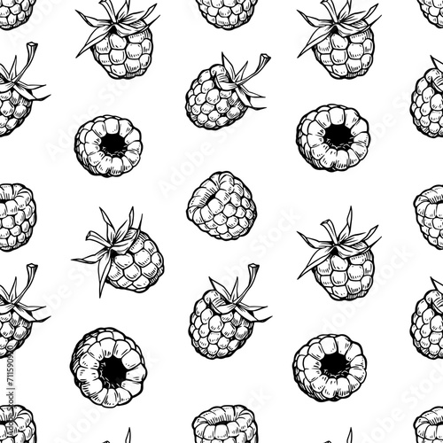 Raspberry berry with leaves illustrations, vector seamless pattern design, engraving style, floral elements for fabric, wallpaper