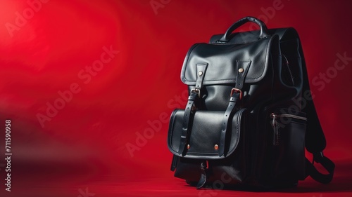 A stylish black leather backpack on a vibrant red background
