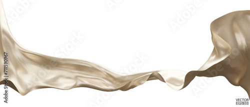 Flying beige silk textile fabric flag background. Smooth elegant beige Satin Isolated on white Background for grand opening ceremony. Flying cream silk vertical image. 3d vector illustration